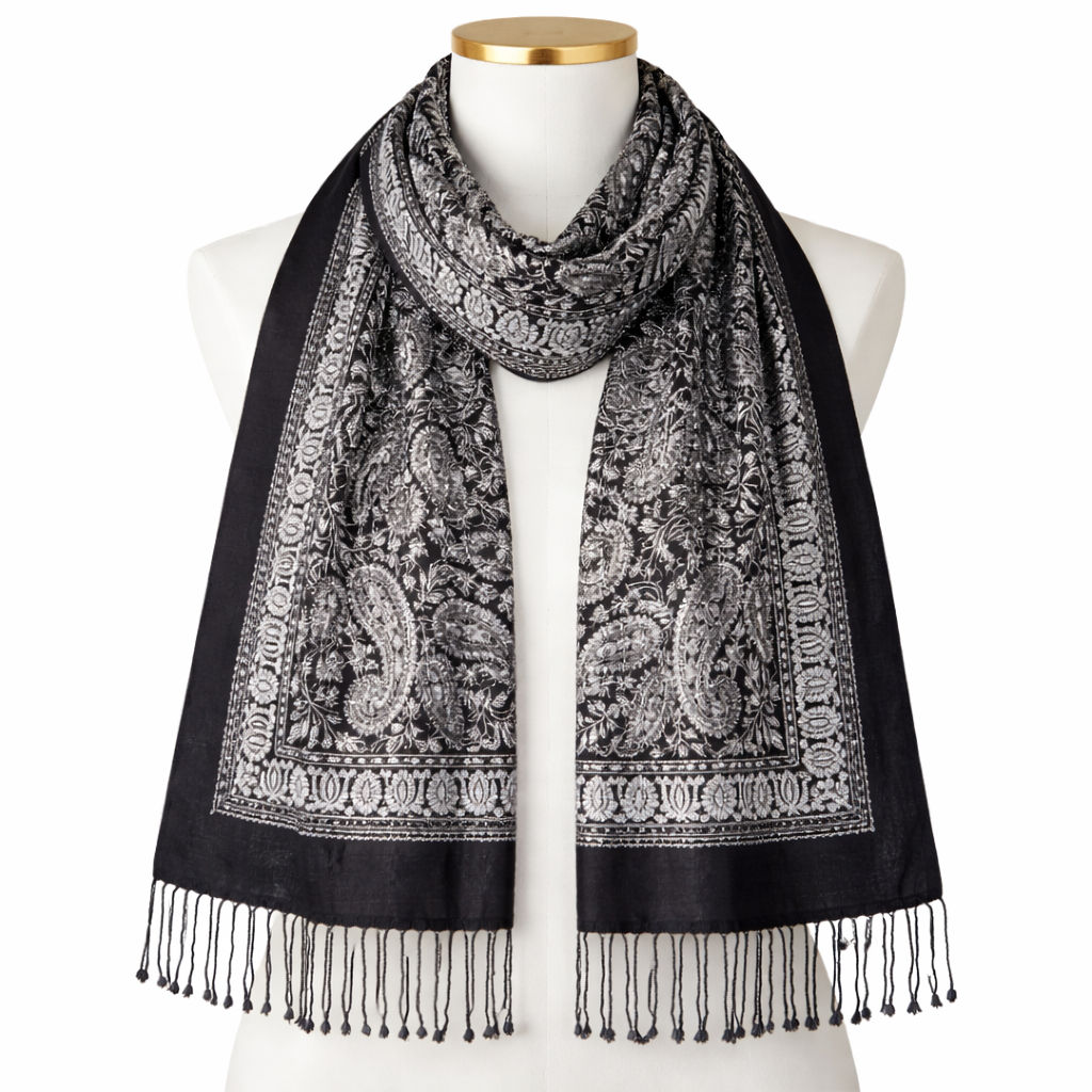 Black Stole With Contrasting Silver Embroidery